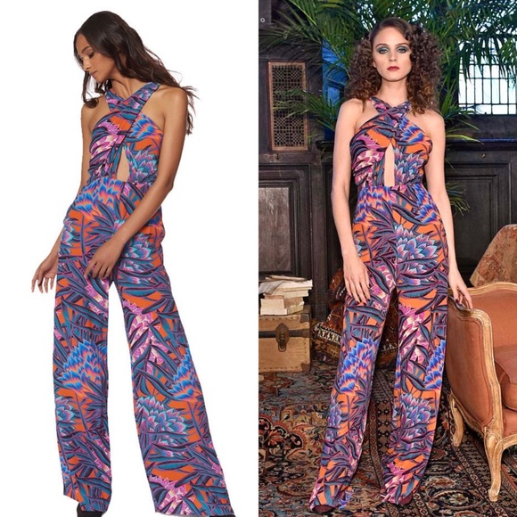 MARA HOFFMAN 70s Dark Tropical Print Sleeveless Cross Front Wide Leg Jumpsuit 0 - Picture 1 of 10